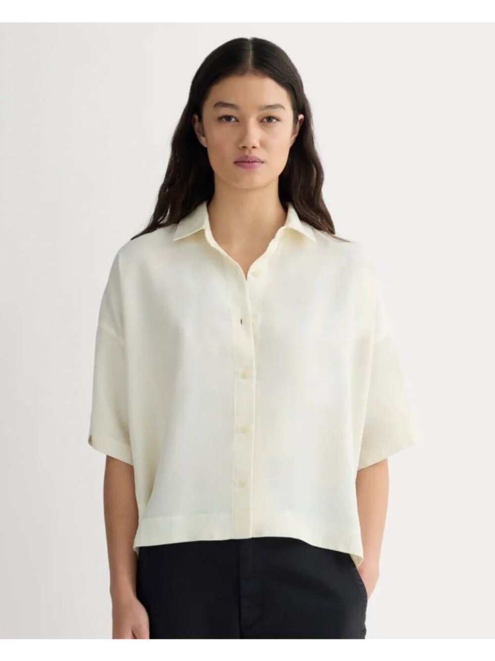 Relaxed Short-Sleeve Button-Up Top in Cream